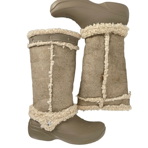 CROCS Shoes - Crocs Boots Mid Calf Tan Beige Lined Faux Suede & Fur Winter Snow Women’s Size 8